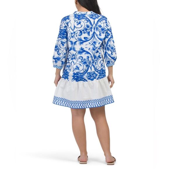 LINA TOMEI Italy Long Sleeve Cotton Baroque Drop Waist Dress Blue Floral M NWT - Picture 4 of 13